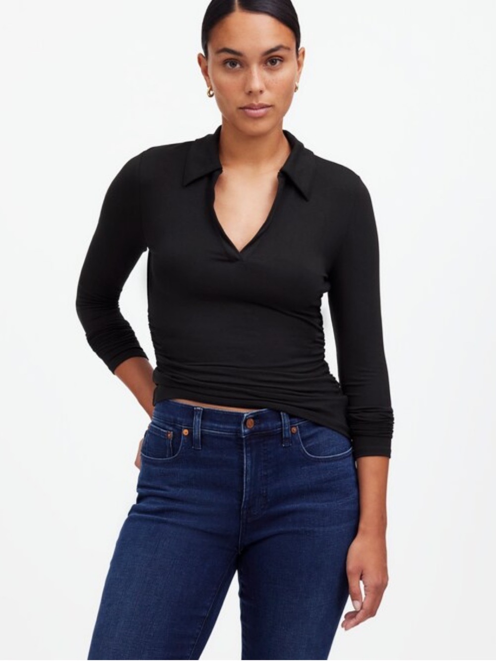 Madewell Black Collared V-Neck Long Sleeve Top